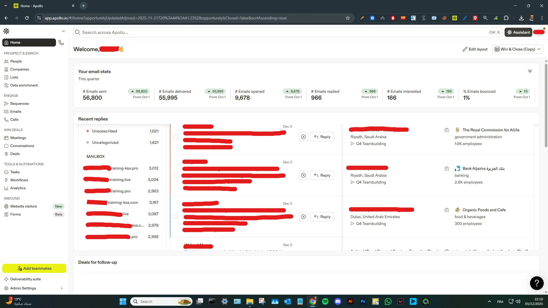 Apollo.io dashboard: ~56,800 emails sent, 9,678 opened, 966 replied, 166 interested